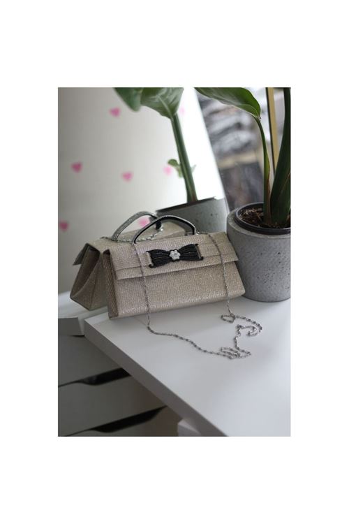 Gold Simli Çiçek Aksesuarlı Tutma Saplı Abiye El Çantası