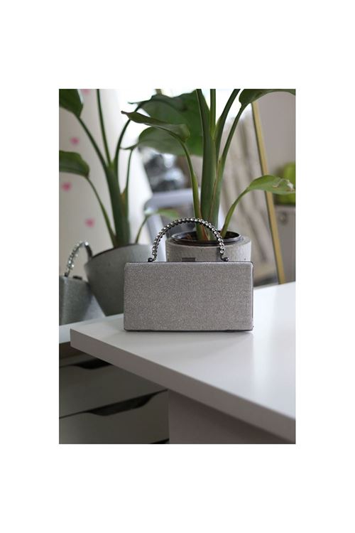 Platin Simli Taş Kulplu Burslu Abiye El Çantası