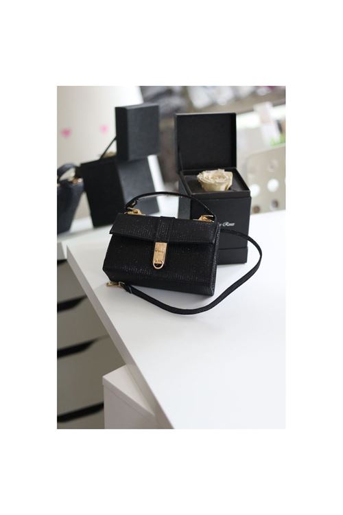 Siyah Simli Toka Detaylı Zincirli El Omuz Çantası