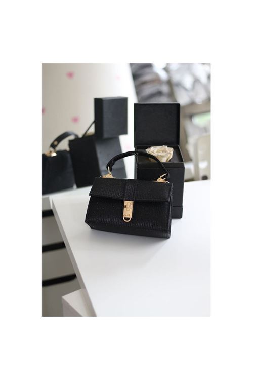 Siyah Simli Toka Detaylı Zincirli El Omuz Çantası