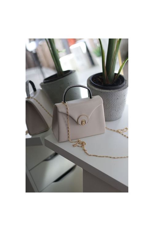 Krem Mat Oval Gold Aksesuarlı Taşlı Tutma Kulplu Abiye El Çantası