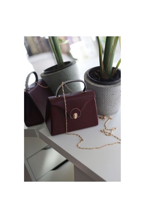 Bordo Mat Oval Gold Aksesuarlı Taşlı Tutma Kulplu Abiye El Çantası