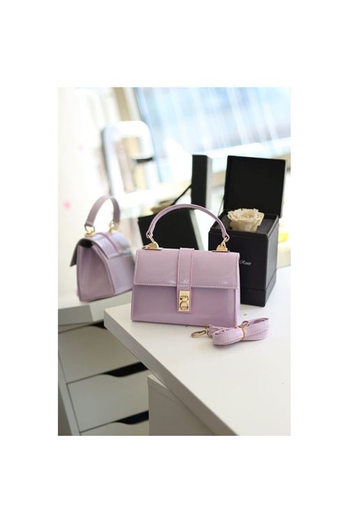 Kadın Lila Rugan Toka Detaylı Zincirli El Omuz Çantası