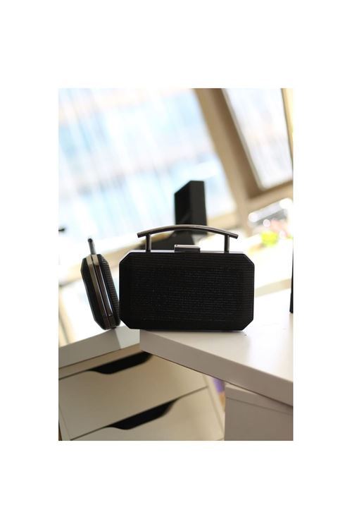 Kadın Siyah Metal Tutma Sap Detaylı Çizgi Doku Abiye Çanta