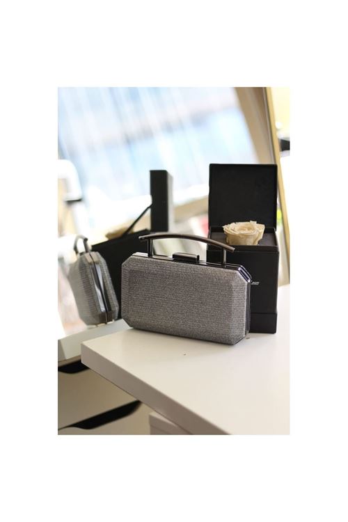 Kadın Platin Metal Tutma Sap Detaylı Çizgi Doku Abiye Çanta