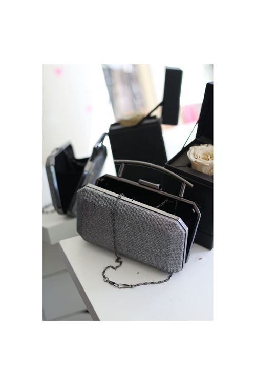 Kadın Platin Metal Tutma Sap Detaylı Çizgi Doku Abiye Çanta