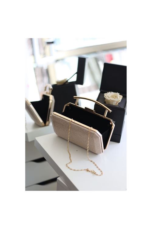 Kadın Rose Gold Metal Tutma Sap Detaylı Çizgi Doku Abiye Çanta