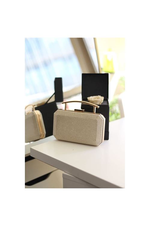 Kadın Gold Metal Tutma Sap Detaylı Çizgi Doku Abiye Çanta