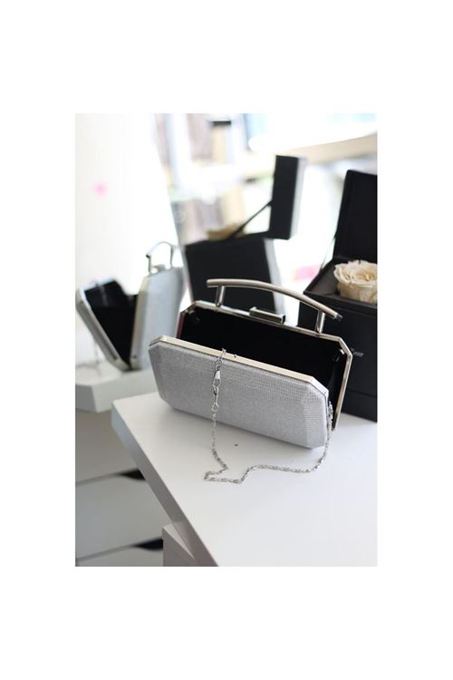 Kadın Silver Metal Tutma Sap Detaylı Çizgi Doku Abiye Çanta