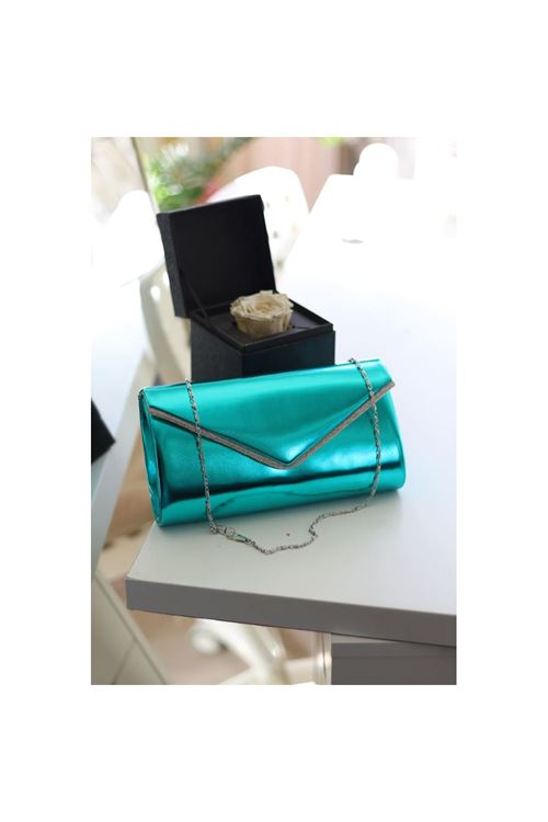 Kadın Turkuaz Parlak Deri Taş Detaylı Omuz Çantası