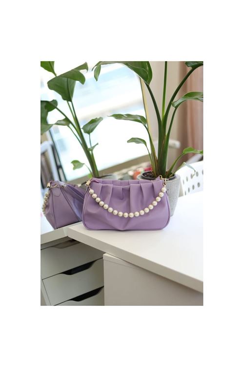 Kadın Lila İnci Detaylı Büzgülü  Omuz Çantası