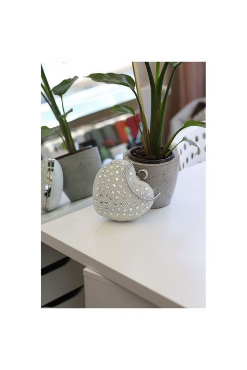 Kadın Beyaz Taş Detaylı Kalp Form Tutmalı Abiye Çanta