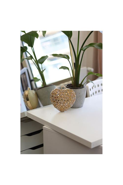 Kadın Gold Taş Detaylı Kalp Form Tutmalı Abiye Çanta