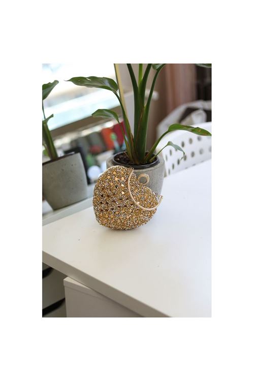 Kadın Gold Taş Detaylı Kalp Form Tutmalı Abiye Çanta