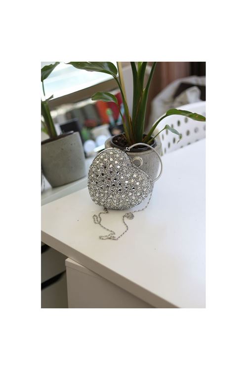 Kadın Silver Taş Detaylı Kalp Form Tutmalı Abiye Çanta