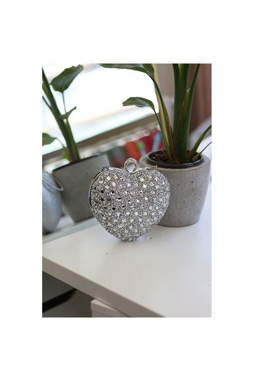 Kadın Silver Taş Detaylı Kalp Form Tutmalı Abiye Çanta
