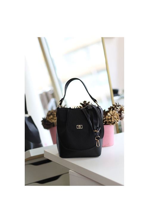 Kadın Siyah Dokulu Büzgü Detay El &amp;amp; Omuz Çantası