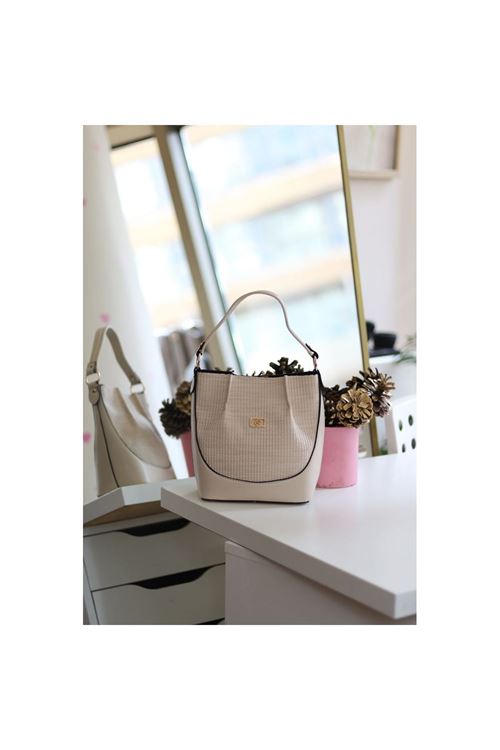 Kadın Krem Dokulu Büzgü Detay El &amp;amp; Omuz Çantası