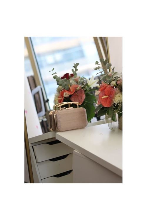 Kadın Rose Gold Metal Tutma Sap Detaylı Çizgi Doku Abiye Çanta