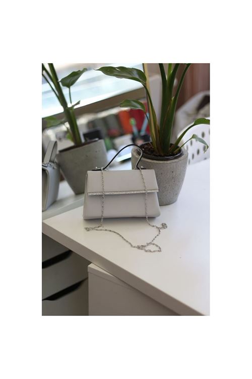 Kadın Gri Saten Tutma Taş Şerit Detaylı Abiye Omuz Çantası