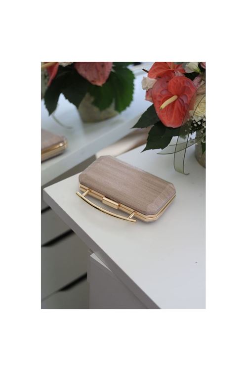 Kadın Rose Gold Metal Tutma Sap Detaylı Çizgi Doku Abiye Çanta