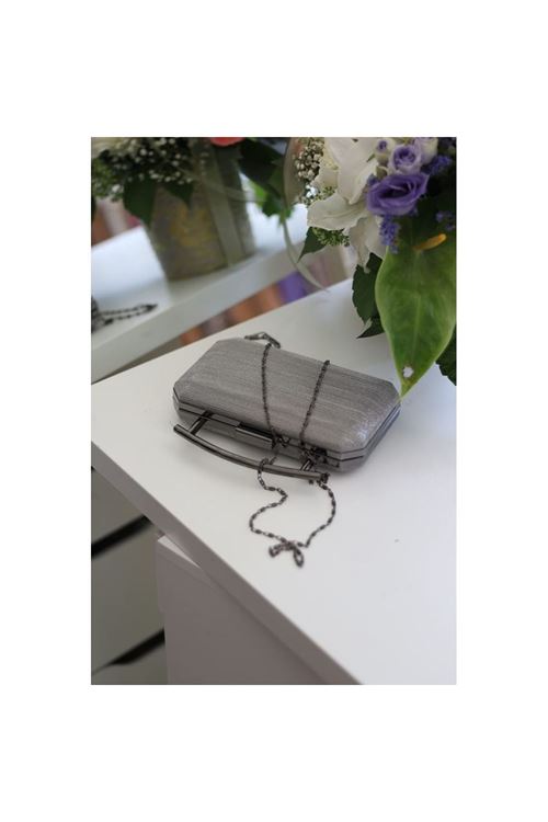 Kadın Platin Metal Tutma Sap Detaylı Çizgi Doku Abiye Çanta