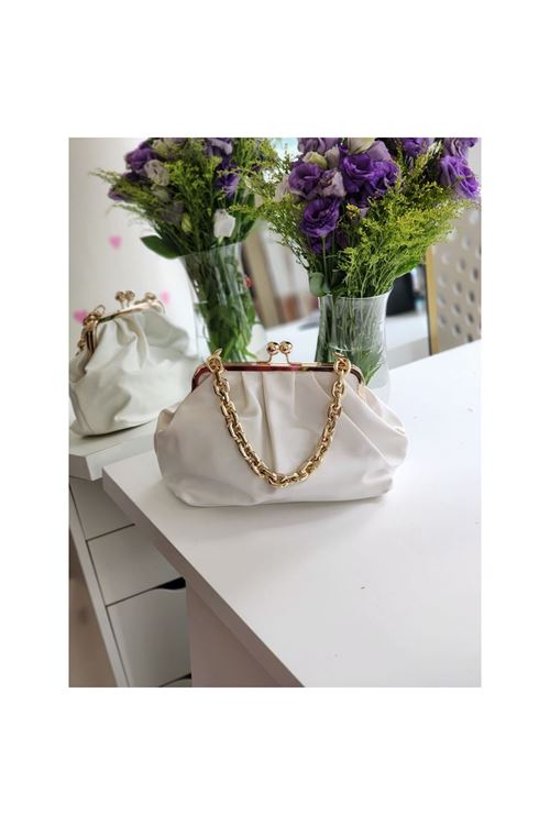 Kadın Beyaz Gold Zincir Detaylı Ağzı Burslu El Omuz Çantası