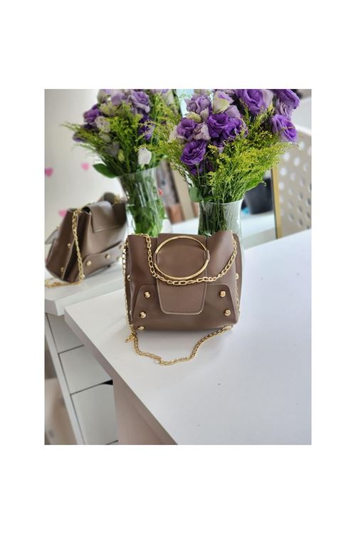 Kadın Koyu Bej Zımbalı Halka Detaylı Omuz Çantası