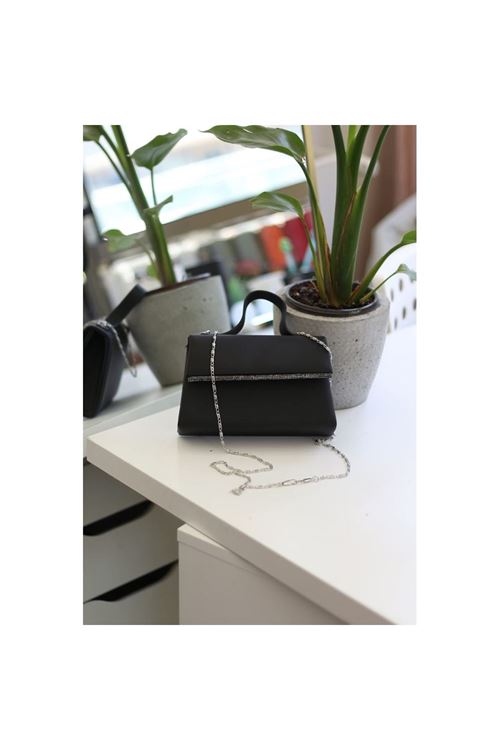 Kadın Siyah Saten Tutma Taş Şerit Detaylı Abiye Omuz Çantası