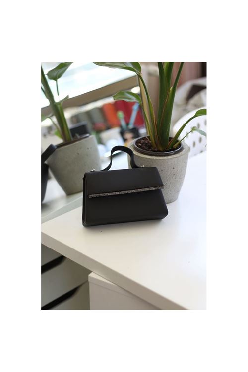 Kadın Siyah Saten Tutma Taş Şerit Detaylı Abiye Omuz Çantası