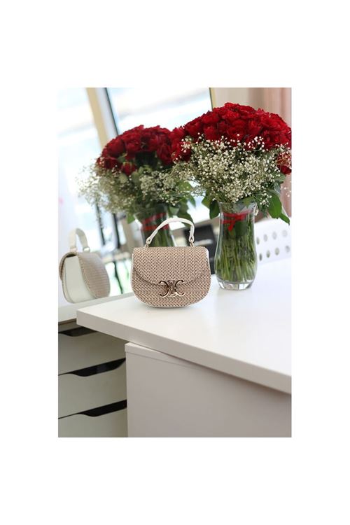 Kadın Beyaz İşleme Desenli Gold Toka Detaylı Mini El &amp;amp; Omuz Çantası