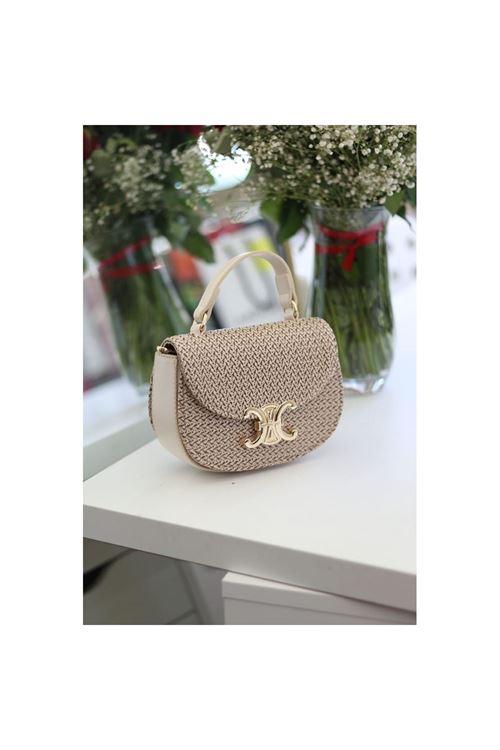 Kadın Krem İşleme Desenli Gold Toka Detaylı Mini El &amp;amp; Omuz Çantası