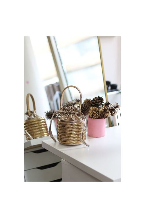 Kadın Gold Özel Form Çapraz Taş İşleme Abiye Çanta