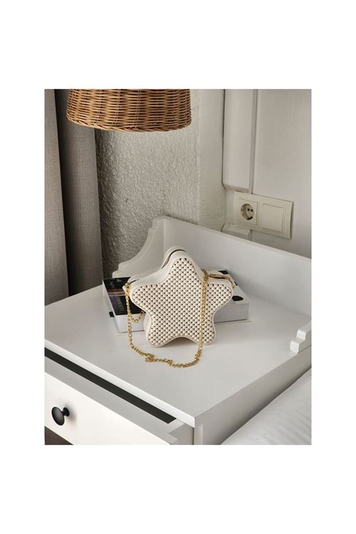 Kadın Krem Silikon Yıldız Formlu Zincir Detaylı Çapraz Çanta