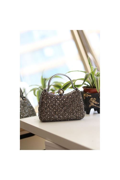 Kadın Platin İnci Taşlı Taşlı Tutma Detaylı Abiye Çanta