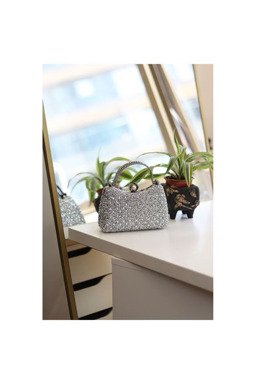 Kadın Silver İnci Taşlı Taşlı Tutma Detaylı Abiye Çanta