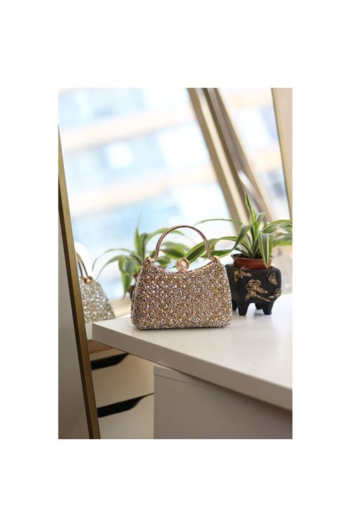 Kadın Gold İnci Taşlı Taşlı Tutma Detaylı Abiye Çanta