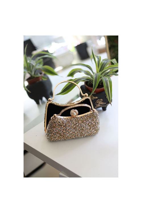 Kadın Gold İnci Taşlı Taşlı Tutma Detaylı Abiye Çanta