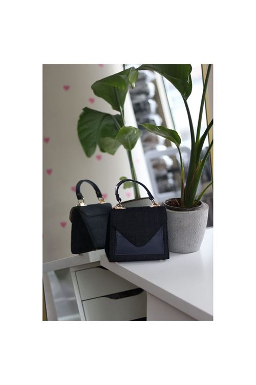 Lacivert Siyah Kot Detaylı Tutmalı El Omuz Çantası