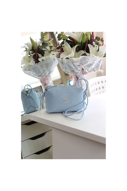 Kadın Bebe Mavi Baklava Desenli İnce Düğüm Askılı Omuz Çantası