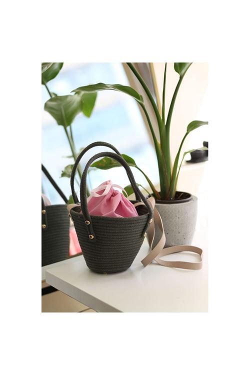 Kadın Haki Örme Çift Kulp Ağzı Büzgülü Askı Detaylı Omuz Çantası