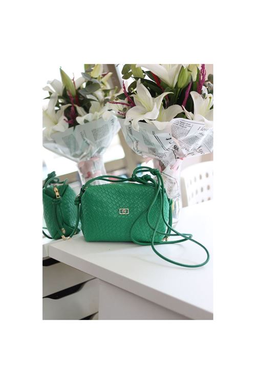 Kadın Yeşil Baklava Desenli İnce Düğüm Askılı Omuz Çantası