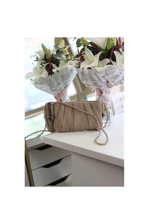 Kadın Vizon Büzgülü Boncuk Detay Omuz Çantası