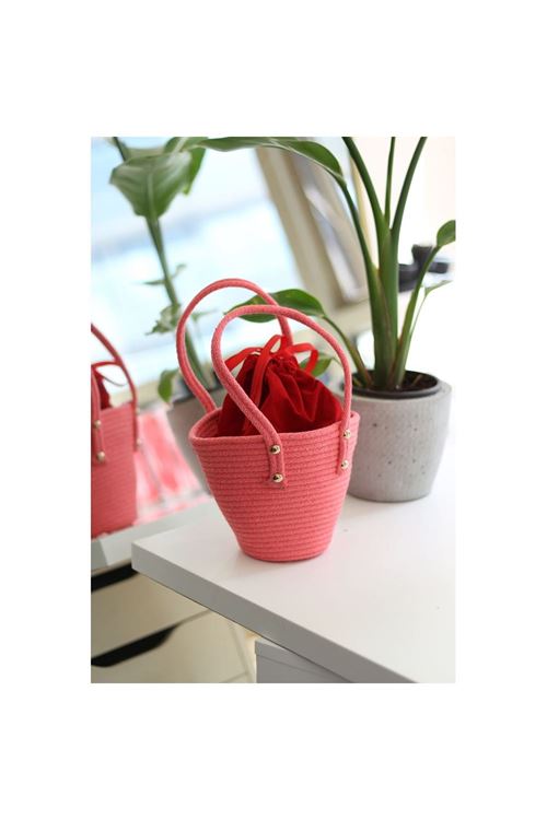 Kadın Nar Çiçeği Örme Çift Kulp Ağzı Büzgülü Hasır Görünümlü El Çantası