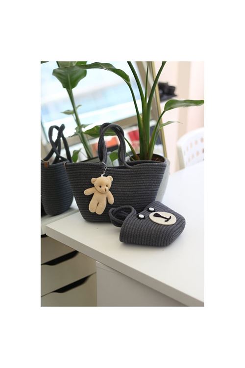 Siyah Örme Aksesuar Detaylı 2'li Anne Kız El Çantası