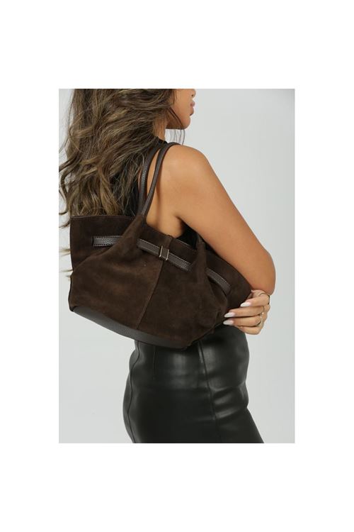 Kadın Acı Kahve Süet Gold Toka Detaylı Büyük Boy Omuz Çantası