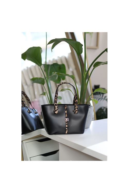 Kadın Siyah Leopar Şerit Desenli Askılı El Omuz Çantası