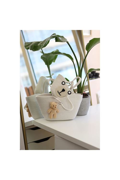 Beyaz Örme Aksesuar Detaylı 2'li Anne Kız El Çantası