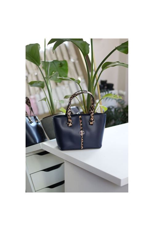 Kadın Lacivert Leopar Şerit Desenli Askılı El Omuz Çantası