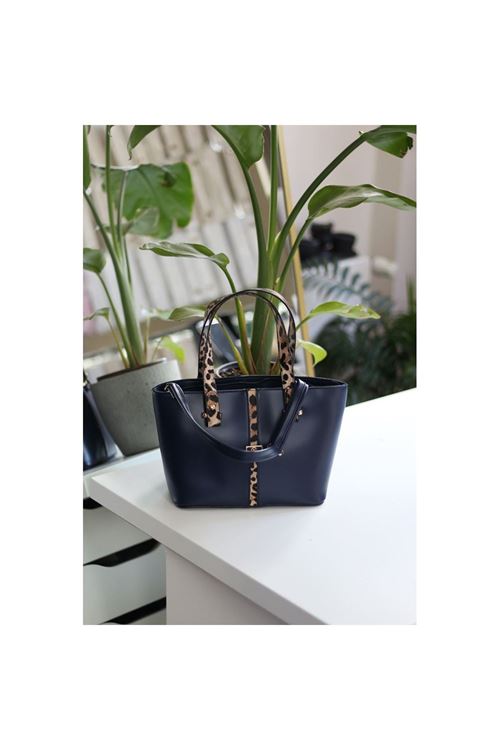 Kadın Lacivert Leopar Şerit Desenli Askılı El Omuz Çantası